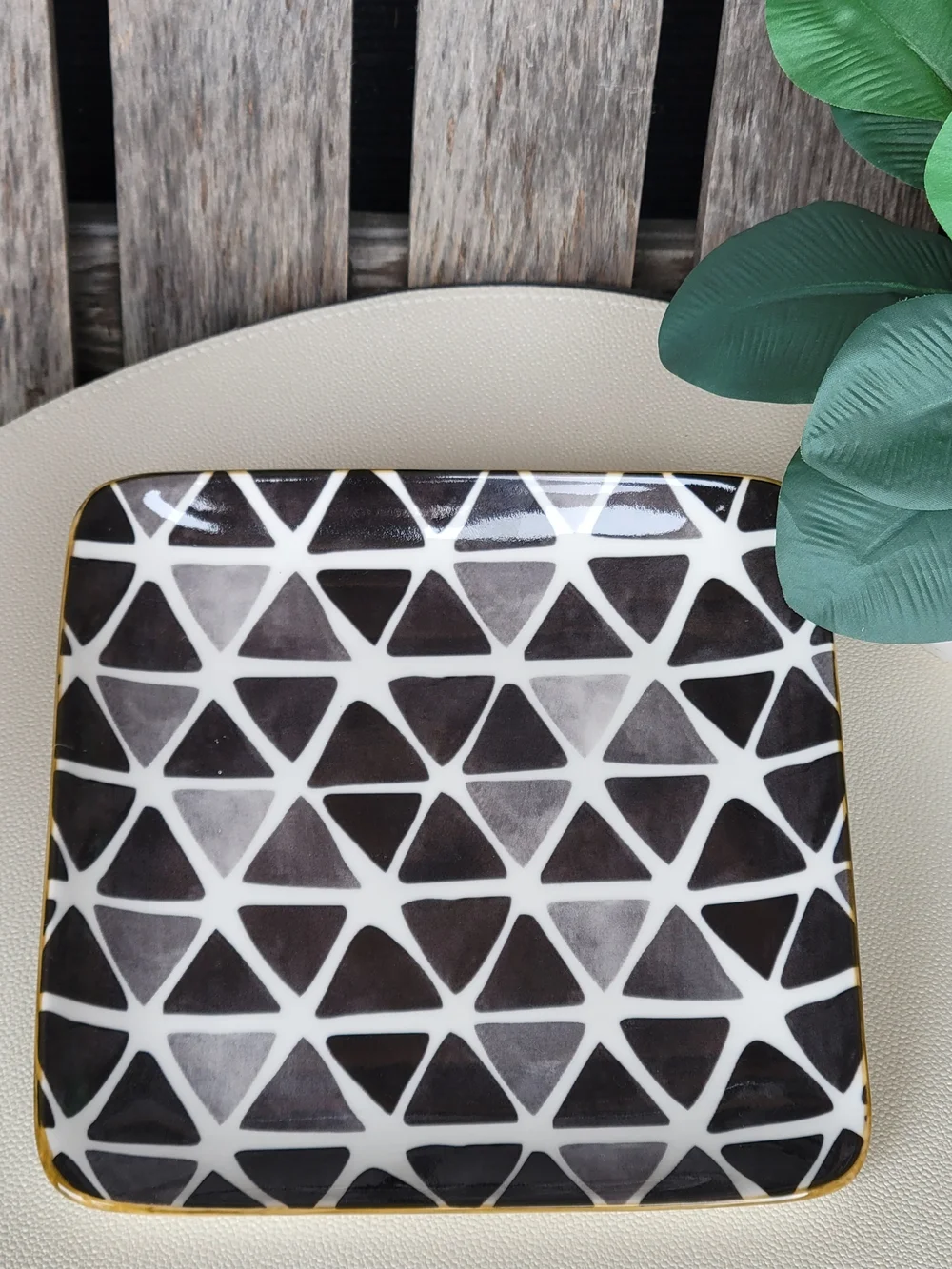 Modern Black & White Geometric Ceramic Dish with Gold Edge -overandback